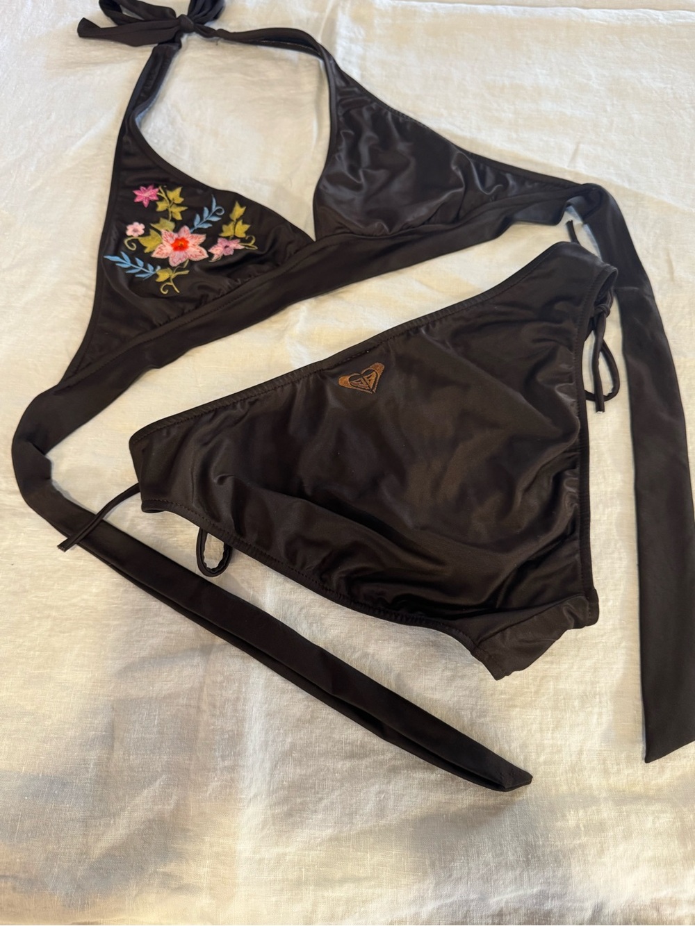 Roxy vintage Y2K brown Bikini Set with Pink & Coral Floral Embroidery - Picture 8 of 8